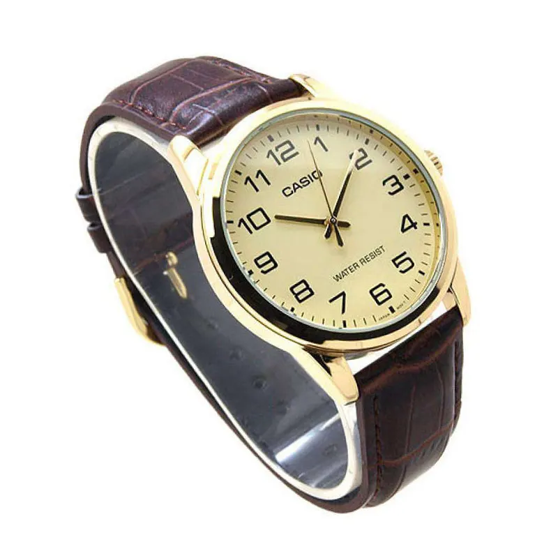 Casio Enticer Gold Dial Brown Leather Men's Watch- MTP-V001GL-9B